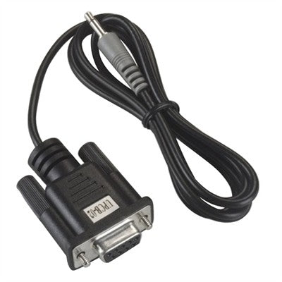 Black RS232 Serial Cable by Sper Scientific with gray auxiliary cord, lying coiled on a white surface.
