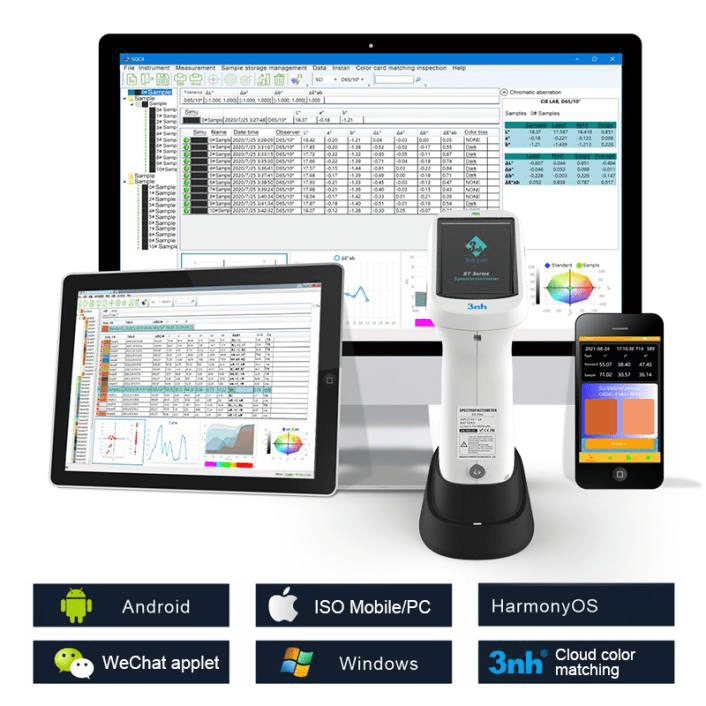 Portable spectrophotometer ST700D Plus by 3nh with multiple display devices illustrating software compatibility.