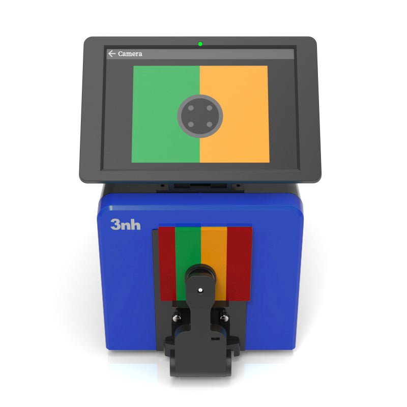 Benchtop grating spectrophotometer from 3nh with a color display, a built-in camera, and a calibration tile.